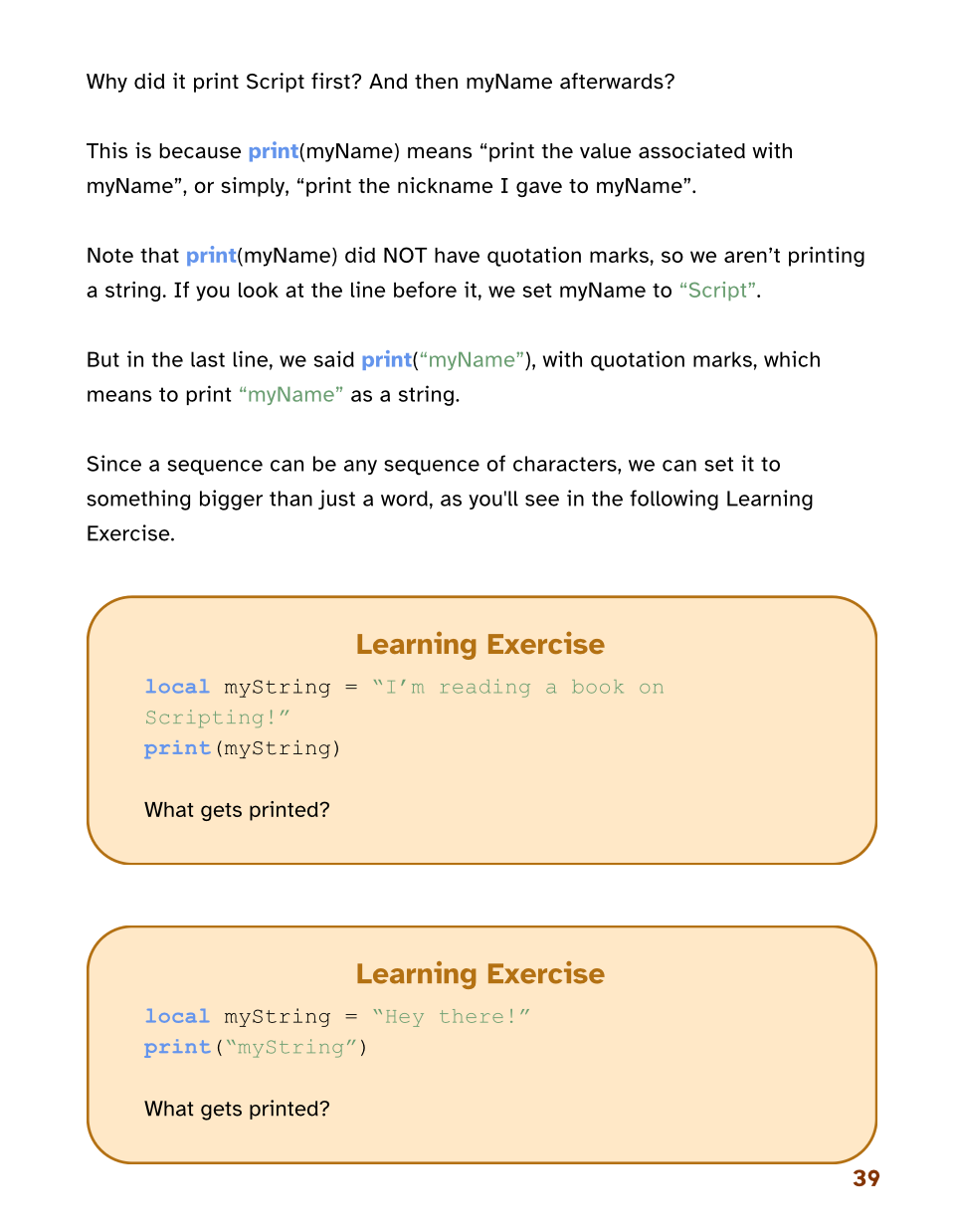 Educational text on programming with a focus on string printing in a programming language.