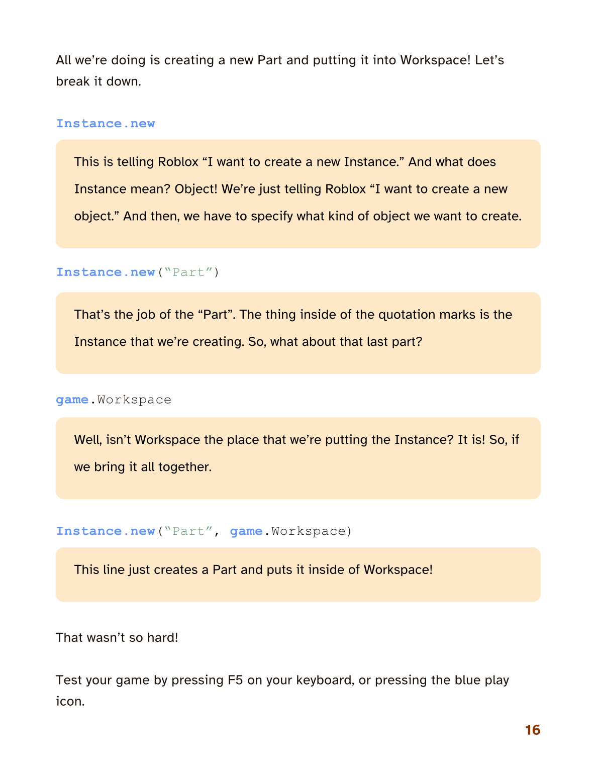 Educational text explaining Roblox coding concepts on a yellow background.